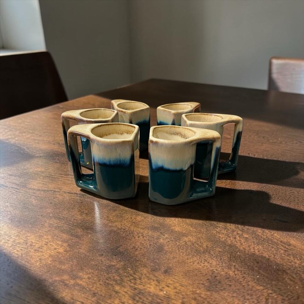 Rodolfo Padilla Ceramic Coffee Mugs Set of 6 Geometric Stacking Teal Vintage
